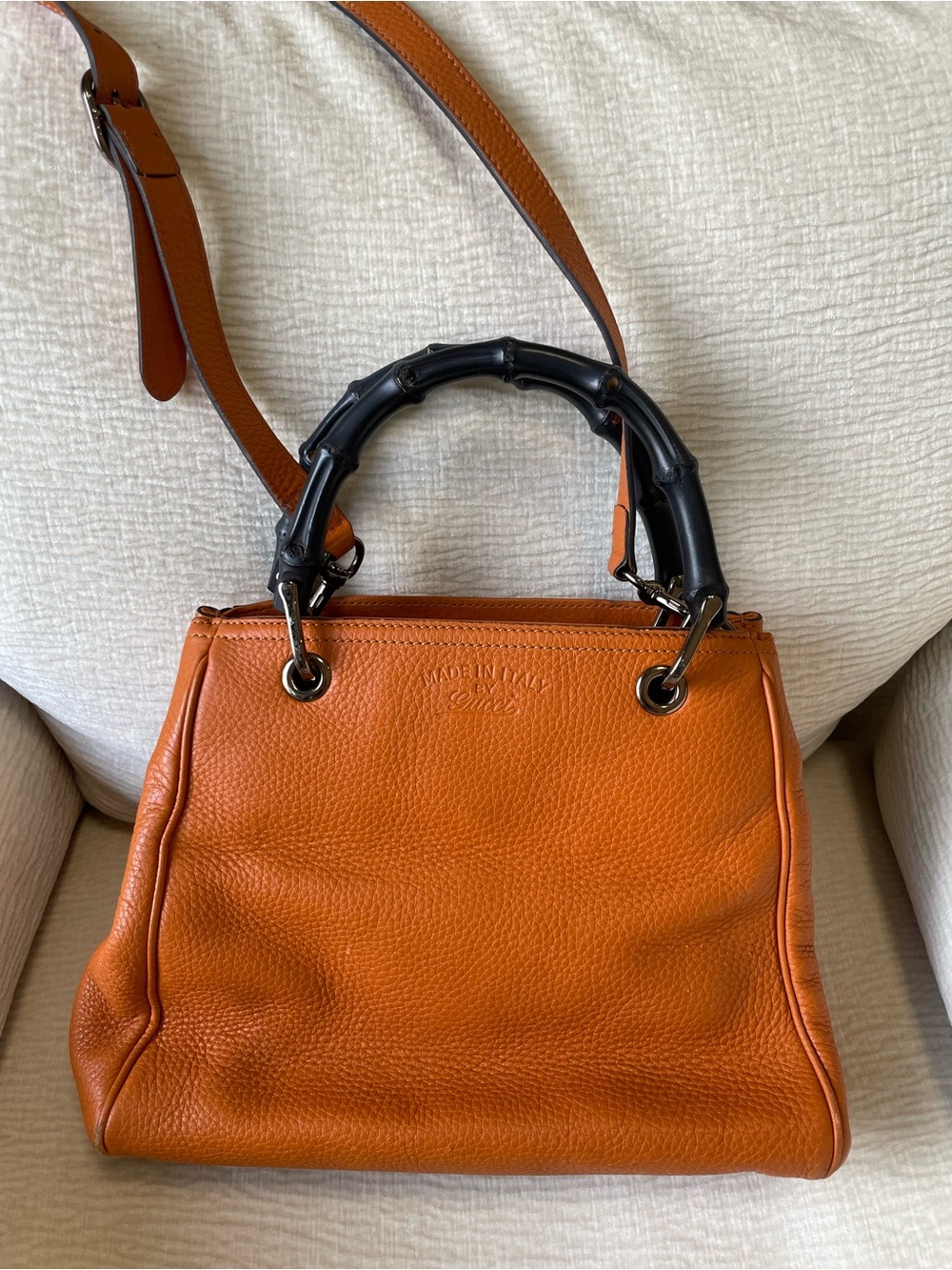 Gucci Bamboo Shopper Tote Orange Pebbled Leather Satchel with Black Bamboo Hand